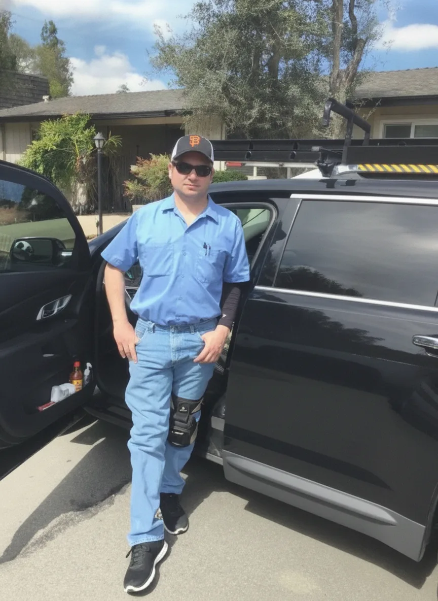 Daniel, founder of Sequoia Air Co. Fresno, standing by his service truck