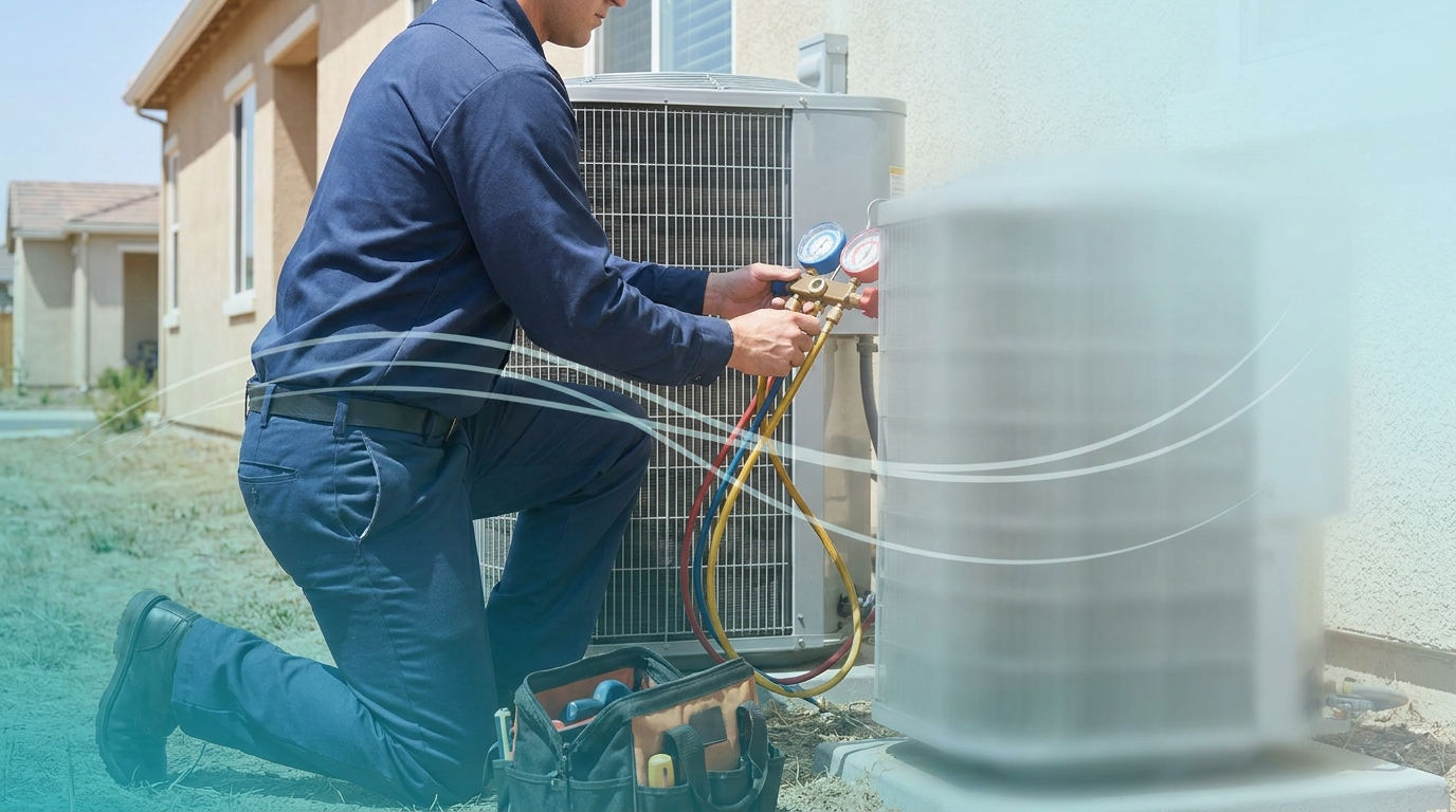 Sequoia Air Co. technician repairing a home air conditioner on a hot Fresno day