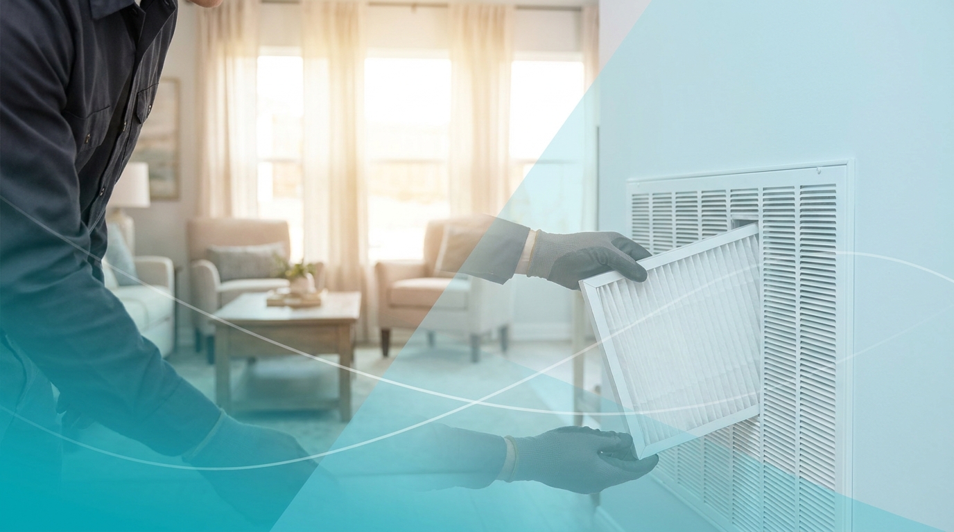Sequoia Air Co. technician replacing a home air filter during a maintenance visit in Fresno